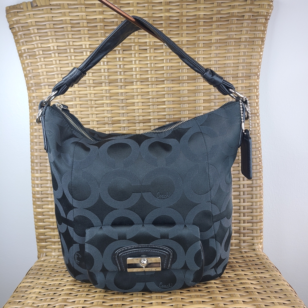 Coach Kristin Op Art Signature C Pattern Hobo Black Shoulder Bag Silver Hardware